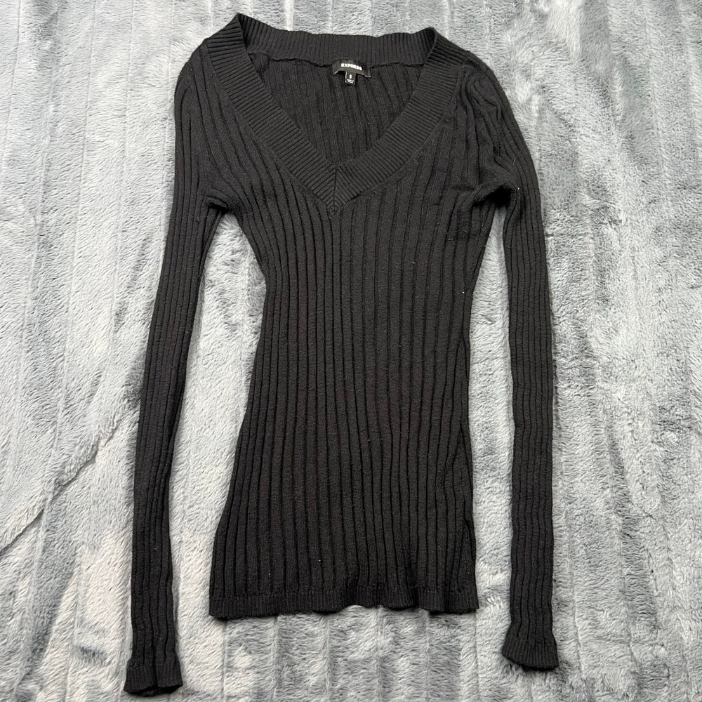 Express Womens Black Ribbed V-Neck Long Sleeve Knit Sweater Size S 14119